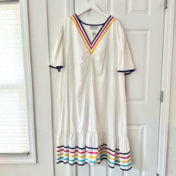 Kittens USA Cotton White Colorful Ribbon Trim V Neck Trapeze Dress 2X Ric Rac - Picture 1 of 11